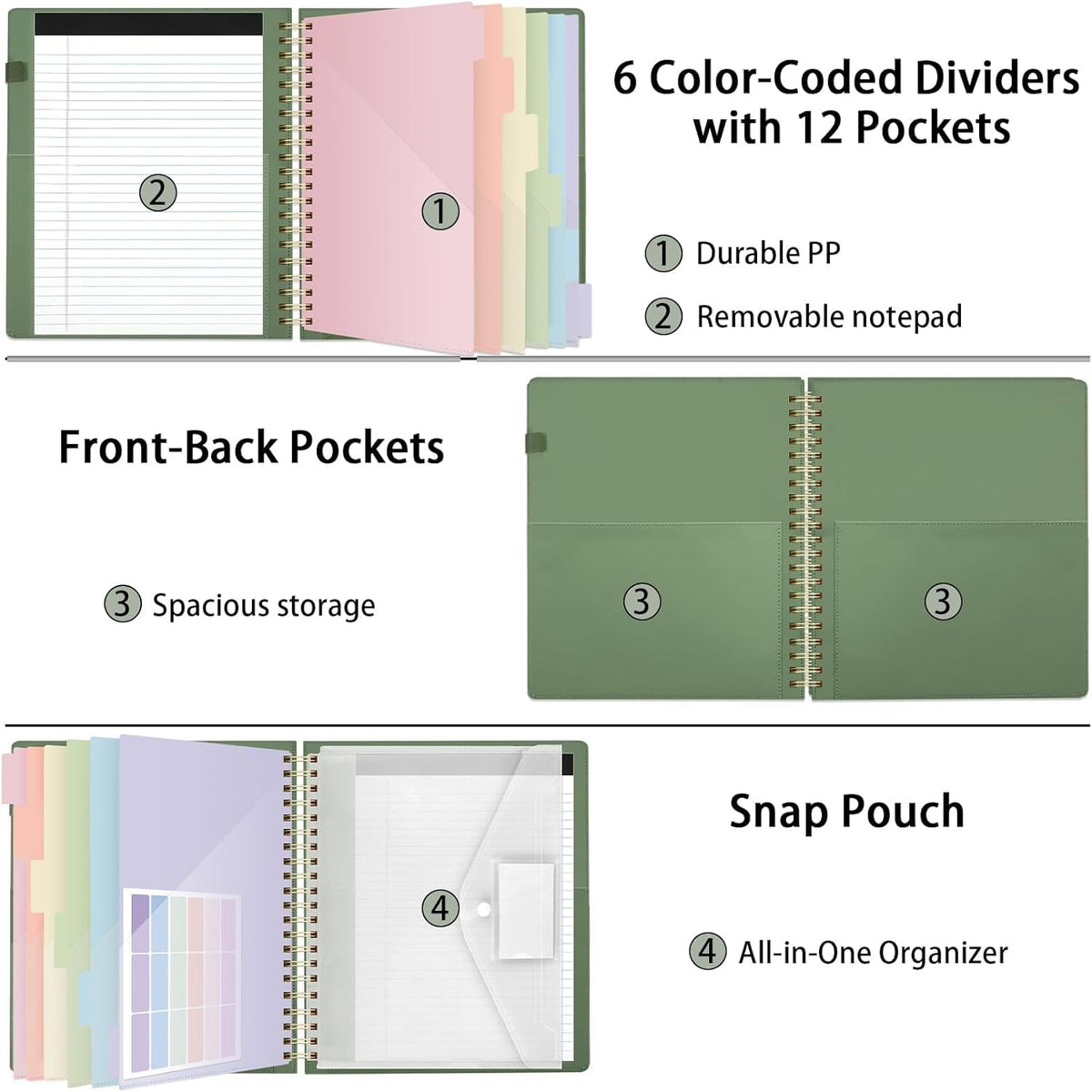 SKYDUE Clipboard Folder with Storage, 6 Dividers with 12 Pockets for Letter Size, Storage Clipboard Folio with Refillable Notepad, Spiral Clipboards Padfolio for Teacher Worker Supplies