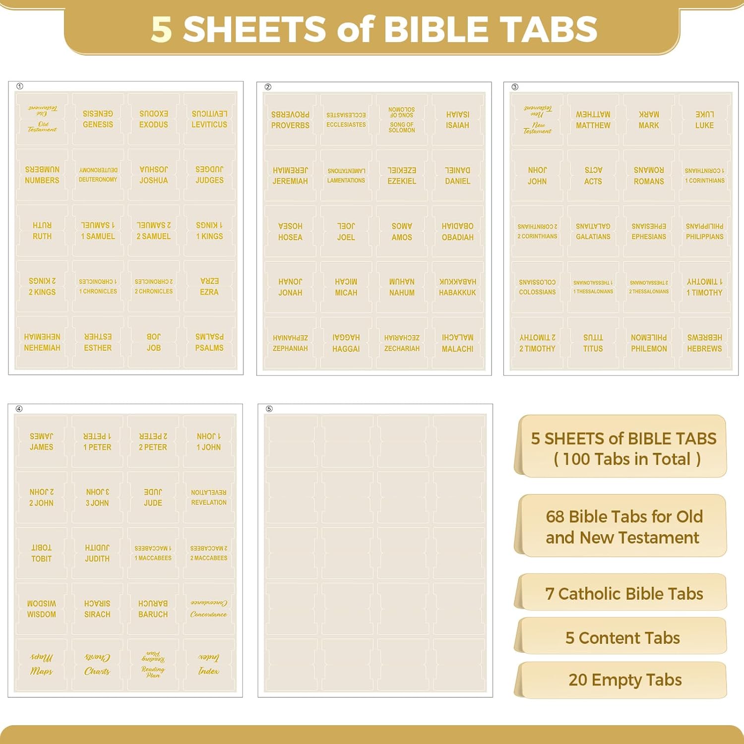 Laminated Bible Tabs for Women, 100 Tabs, Bible Book Tabs for Study Bible, Large Print Bible Chapter Tabs(Gold Foil Embossed Lettering), Bible Study Supplies, Cream Bible Labels Tabs