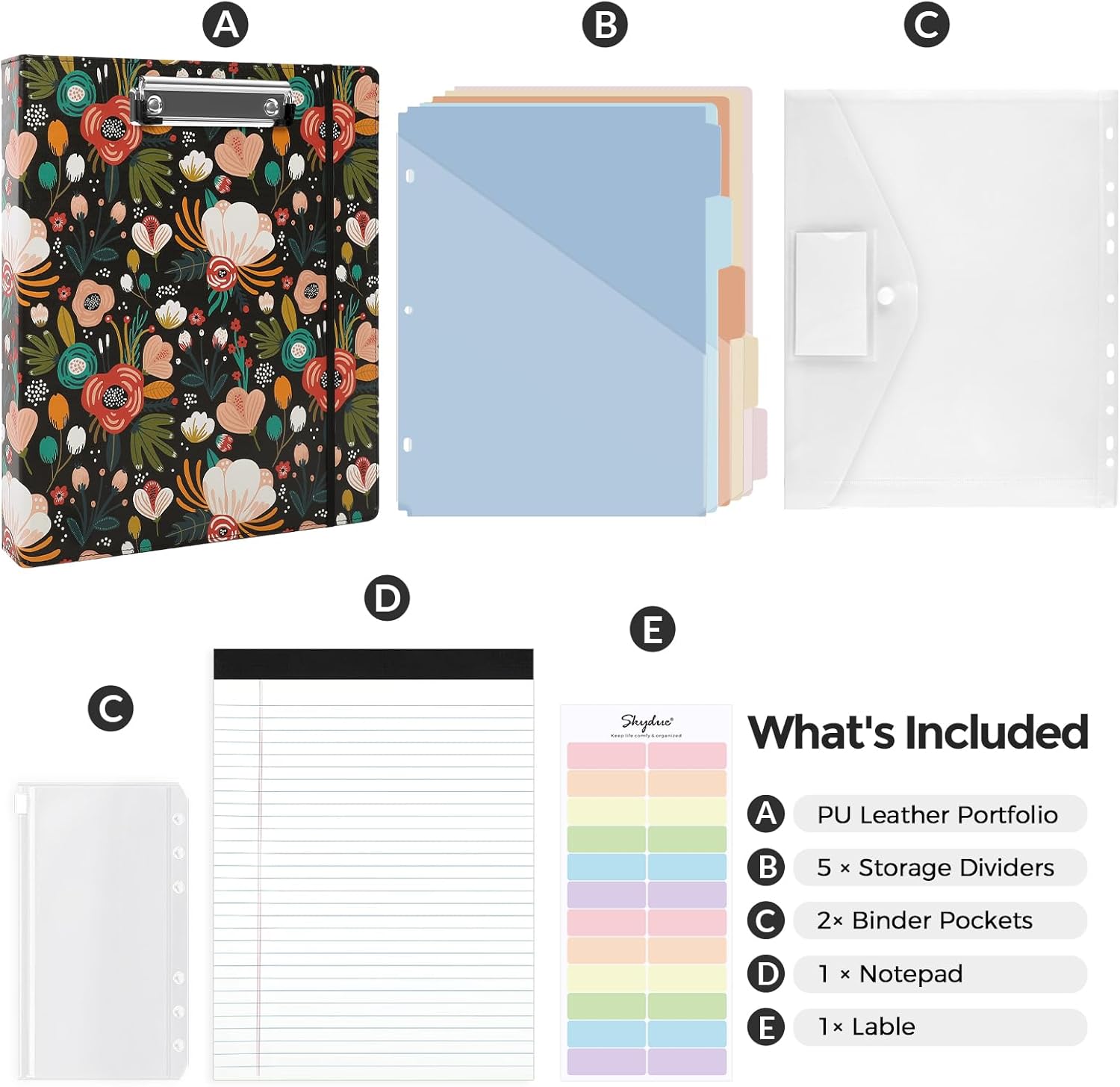 SKYDUE 1 Inch 3-Ring Binder with Clipboard, PU Aesthetic Binder with 5 Dividers, Notepad, Stickers & Pockets for Work and School (Letter Size)
