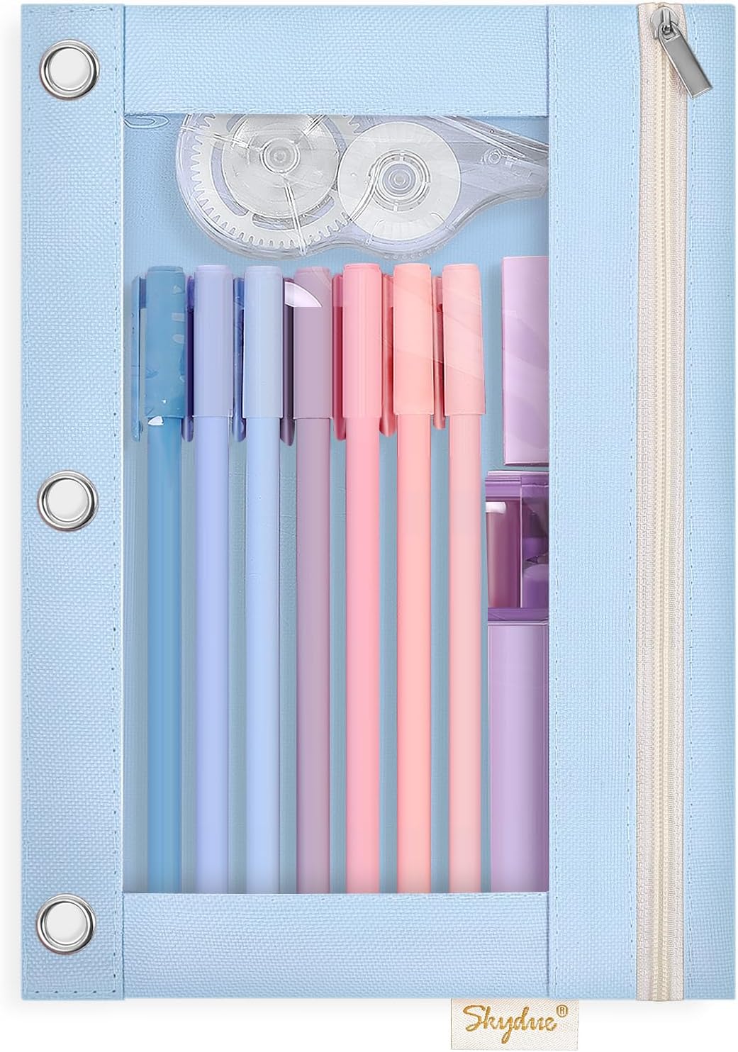 SKYDUE 3 Ring Pencil Pouch for Binder, Zipper Binder Pencil Pouch with 3 Pockets and Mesh Window, Durable Organizer for School Supplies, Cables, Earbuds, Makeup