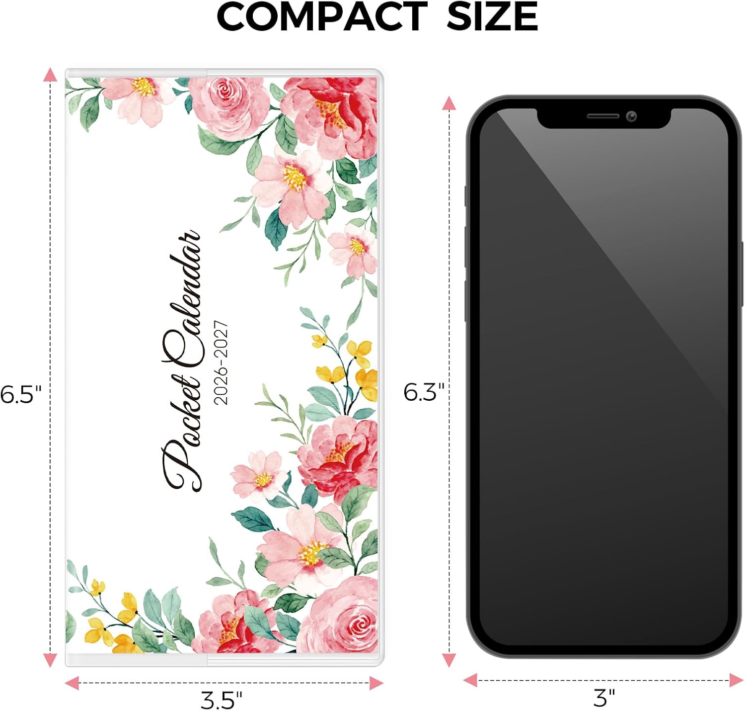 Pocket Calendar 2026-2027 for Purse, 2026-2027 Pocket Planner 24 Months with Soft Waterproof Cover and Premium Paper, 6.5" x 3.5", Floral