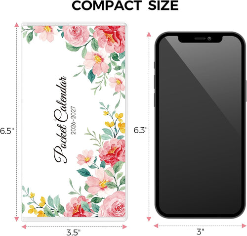 Pocket Calendar 2026-2027 for Purse, 2026-2027 Pocket Planner 24 Months with Soft Waterproof Cover and Premium Paper, 6.5" x 3.5", Floral