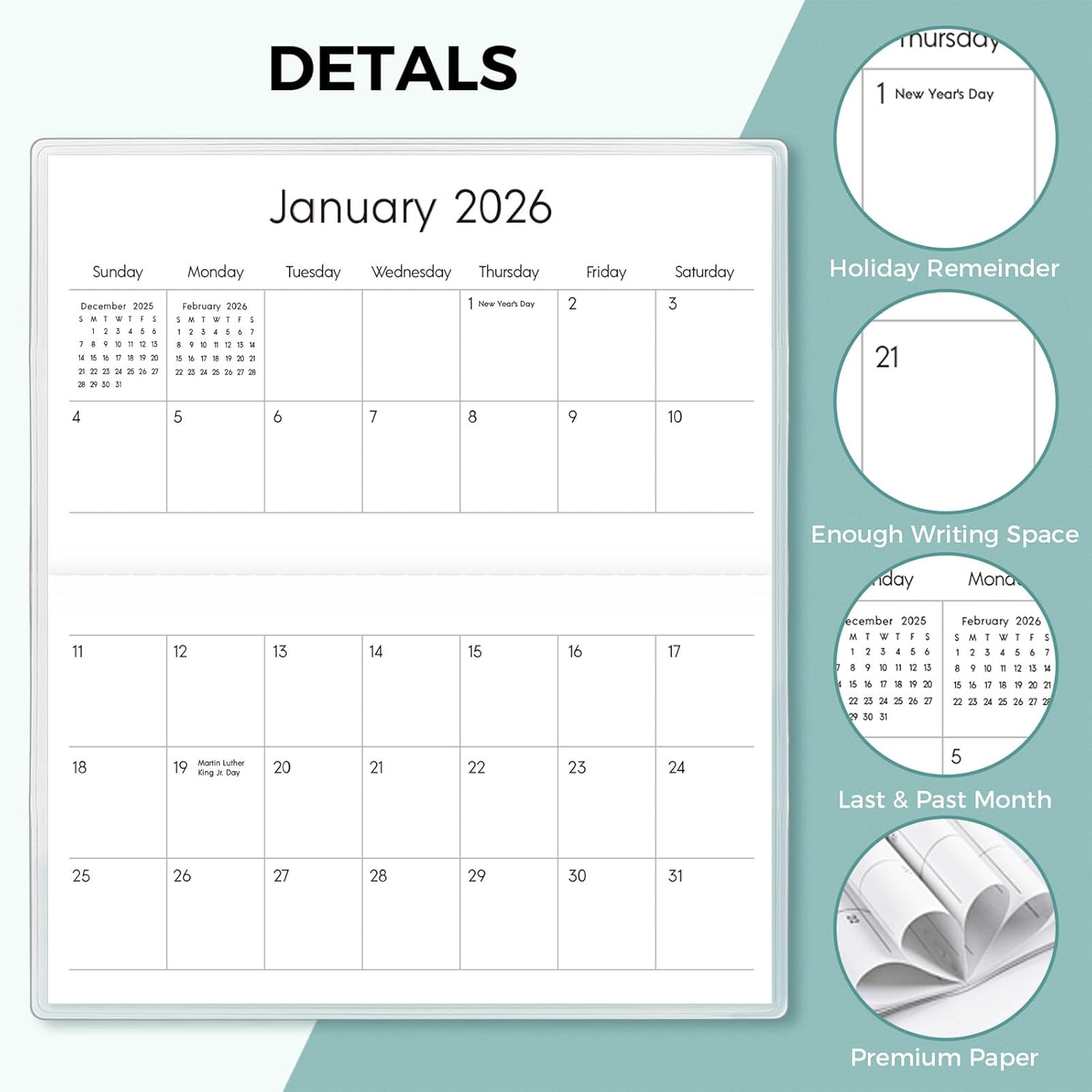 Pocket Calendar 2026-2027 for Purse, 2026-2027 Pocket Planner 24 Months with Soft Waterproof Cover and Premium Paper, 6.5" x 3.5", Floral