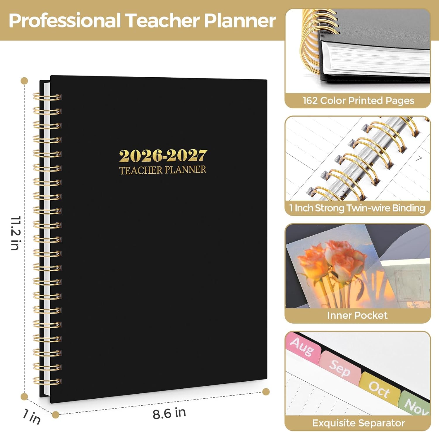 SKYDUE Teacher Planner 2026-2027 Academic Year, 8.5" x 11" Teacher Lesson Planner with Monthly Tabs & Stickers, Lesson Plan Book 26-27, Floral