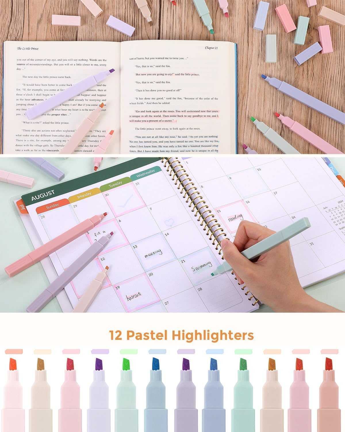 SKYDUE Cute School Supplies 44 PCS, Aesthetic Pencil Case with 12 Pastel Highlighters, 5 Black Gel Pens, 6 Color Gel Pens & Mechanical Pencils, College Essentials Students Stationary Set Pink