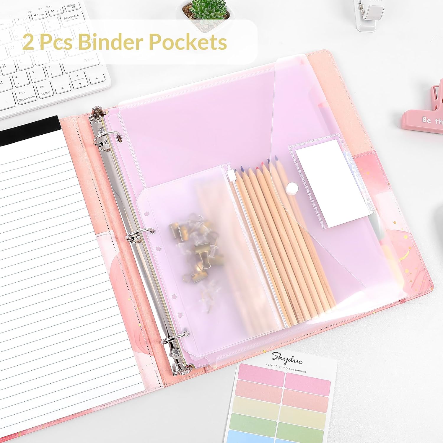 SKYDUE 1 Inch 3-Ring Binder with Clipboard, PU Aesthetic Binder with 5 Dividers, Notepad, Stickers & Pockets for Work and School (Letter Size)