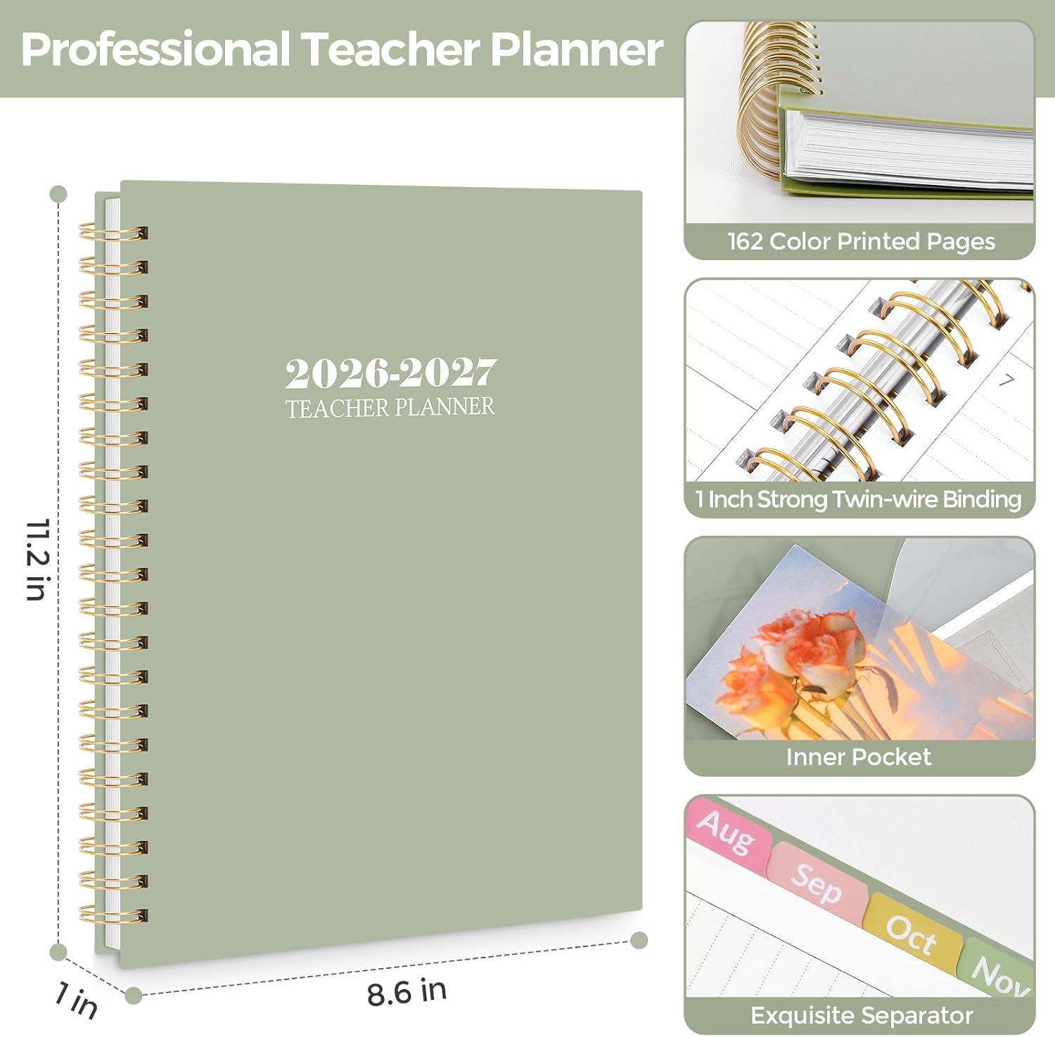 SKYDUE Teacher Planner 2026-2027 Academic Year, 8.5" x 11" Teacher Lesson Planner with Monthly Tabs & Stickers, Lesson Plan Book 26-27, Floral