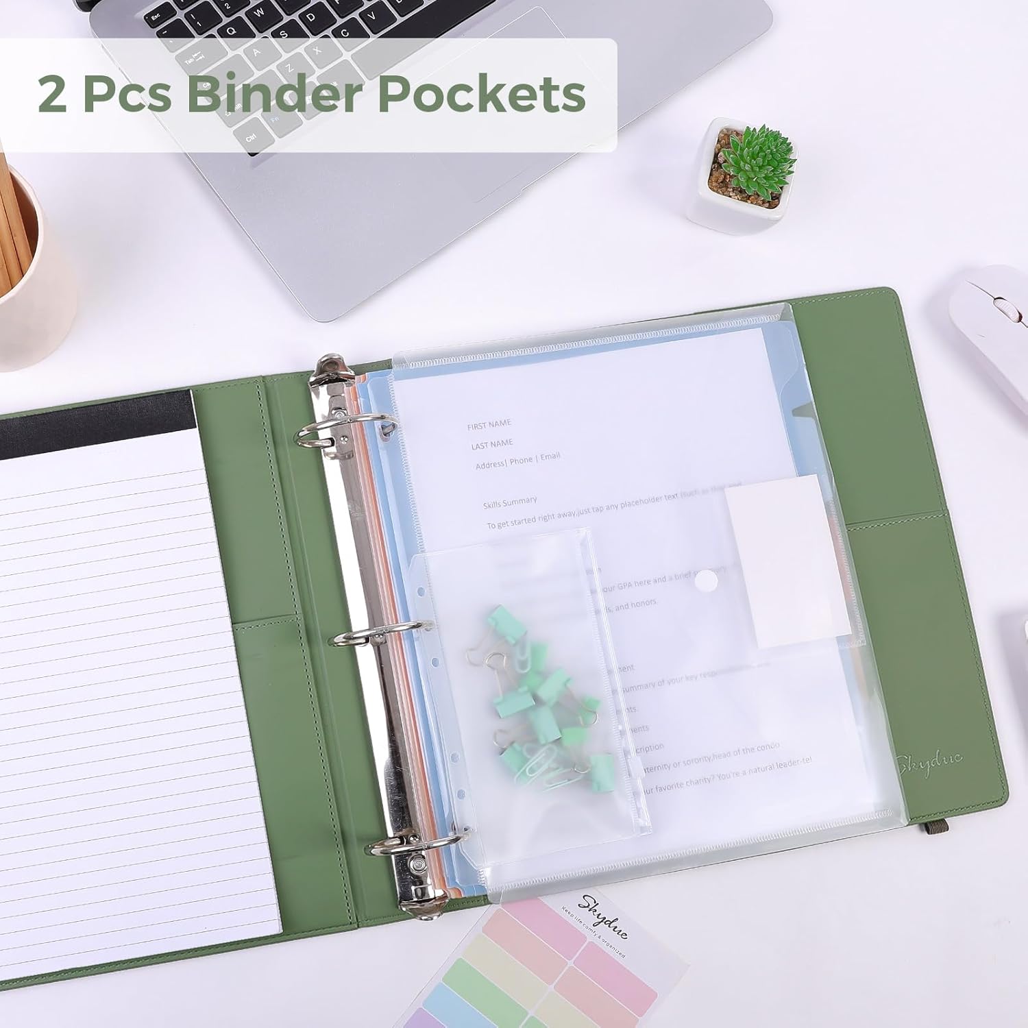 SKYDUE Clipboard Binder with Refillable Notepad, PU Clipboard Folder Includes 5 Dividers with 10 Pockets, Labels, 3 Ring Binder 1 Inch for School Office (Fit Letter Sized Paper),Olivegreen