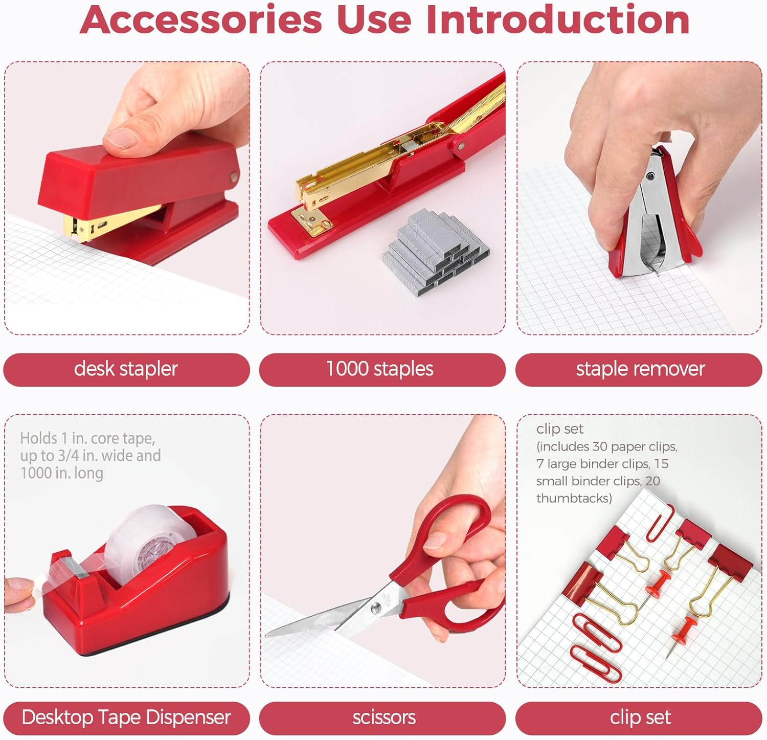 SKYDUE Pink Office Desk Accessories, Pink Office Supplies, Stapler, Tape Dispenser, Scissors, Clips and 1000pcs Staples,Office Supplies for Desk for Women