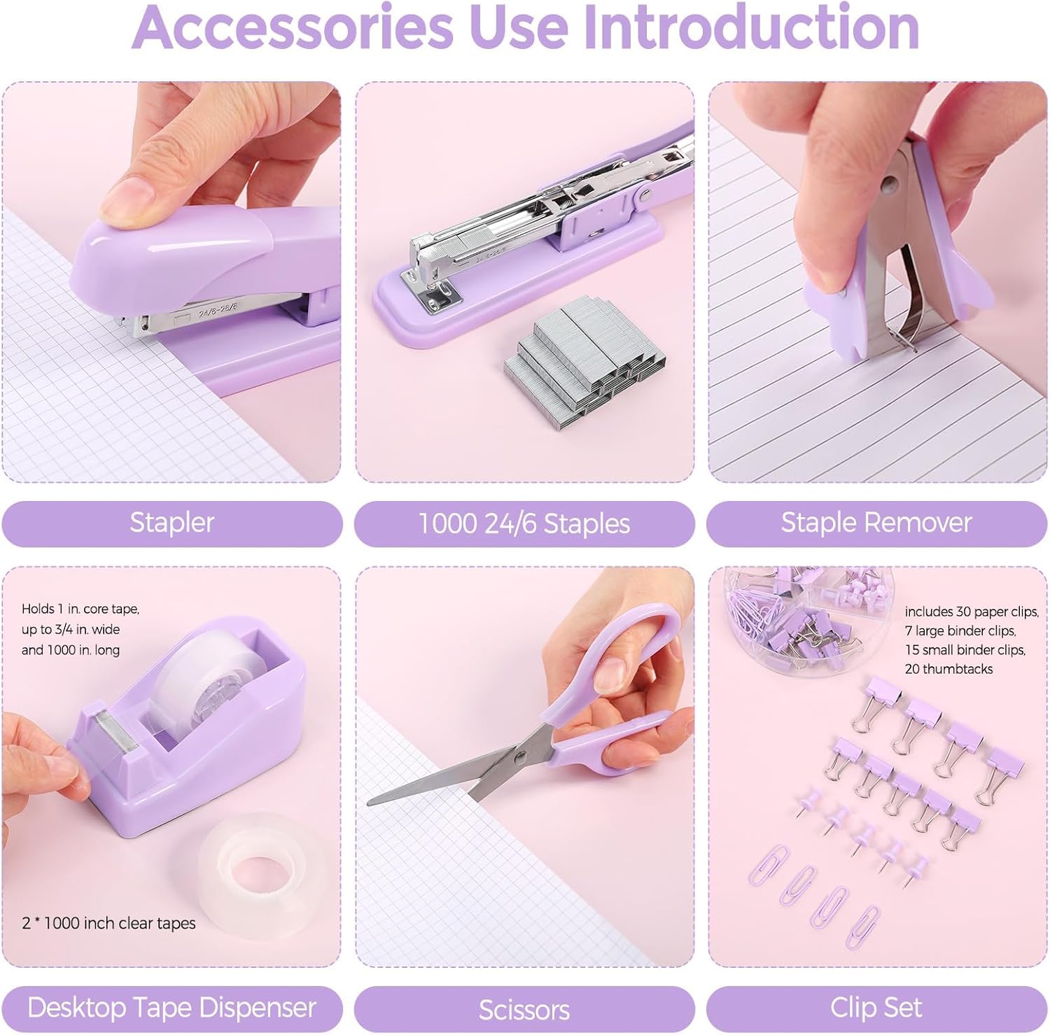 SKYDUE Pink Office Desk Accessories, Pink Office Supplies, Stapler, Tape Dispenser, Scissors, Clips and 1000pcs Staples,Office Supplies for Desk for Women
