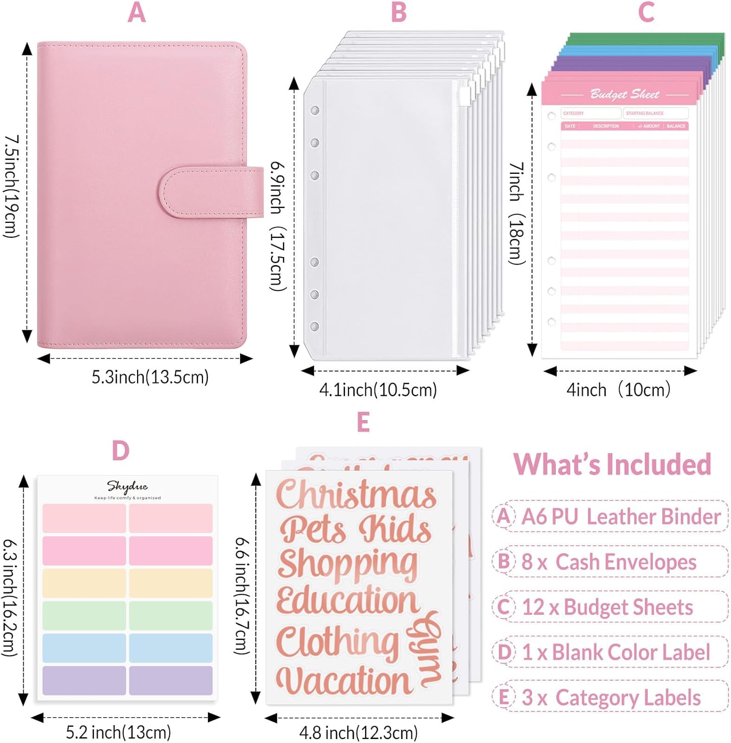 SKYDUE Budget Binder with 8pcs Zipper Envelopes,Money Organizer for Cash with 12pcs Expense Sheets & 24 Rose Gold Sticky Labels