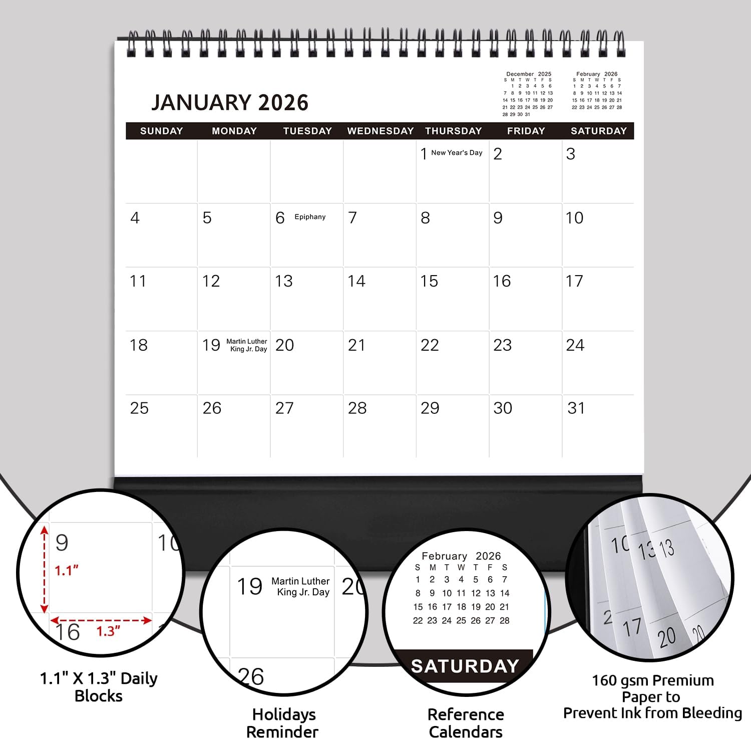 SKYDUE Desk Calendar 2026, 18 Months Small Desk Calendar 2026-2027, Jan 2026 to Jun 2027, 10" x 8" Desktop Calendar Planner with Stickers, Black