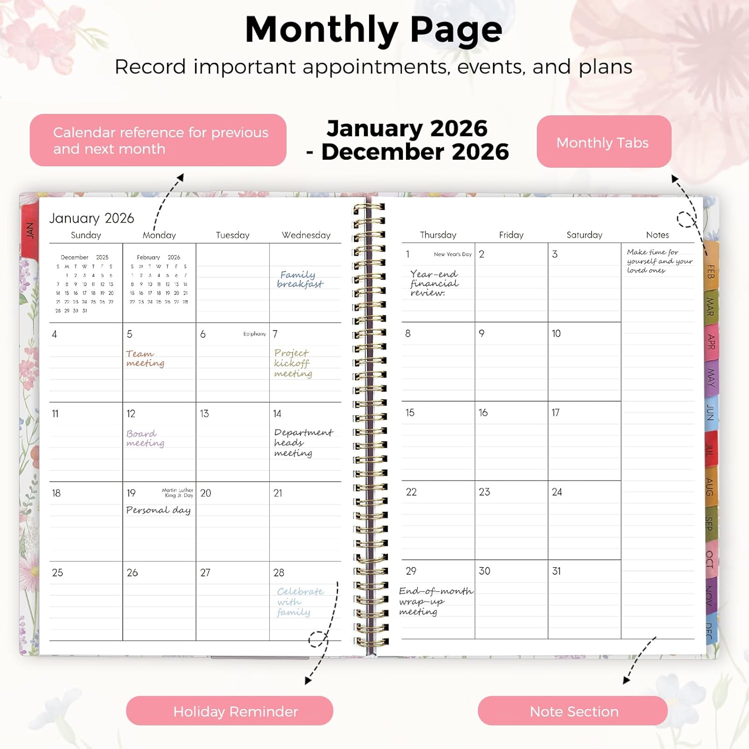 SKYDUE Appointment Book 2026-2027, Academic Hourly Planner from July 2026 - June 2027, 8.5" x 11" Weekly & Monthly Schedule Planner with 15-Minute Interval- Perfect for Daily Planning White Flower