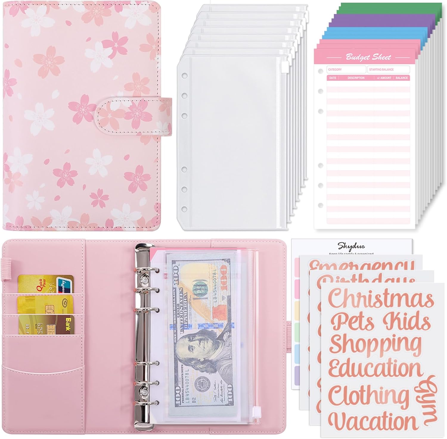 SKYDUE Budget Binder with 8pcs Zipper Envelopes,Money Organizer for Cash with 12pcs Expense Sheets & 24 Rose Gold Sticky Labels