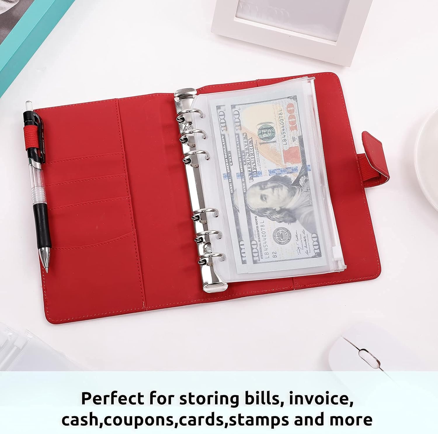 SKYDUE Budget Binder with 8pcs Zipper Envelopes,Money Organizer for Cash with 12pcs Expense Sheets & 24 Rose Gold Sticky Labels