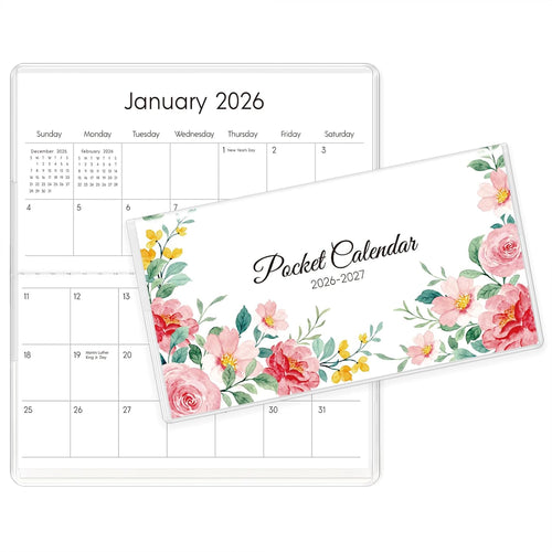 Pocket Calendar 2026-2027 for Purse, 2026-2027 Pocket Planner 24 Months with Soft Waterproof Cover and Premium Paper, 6.5" x 3.5", Floral