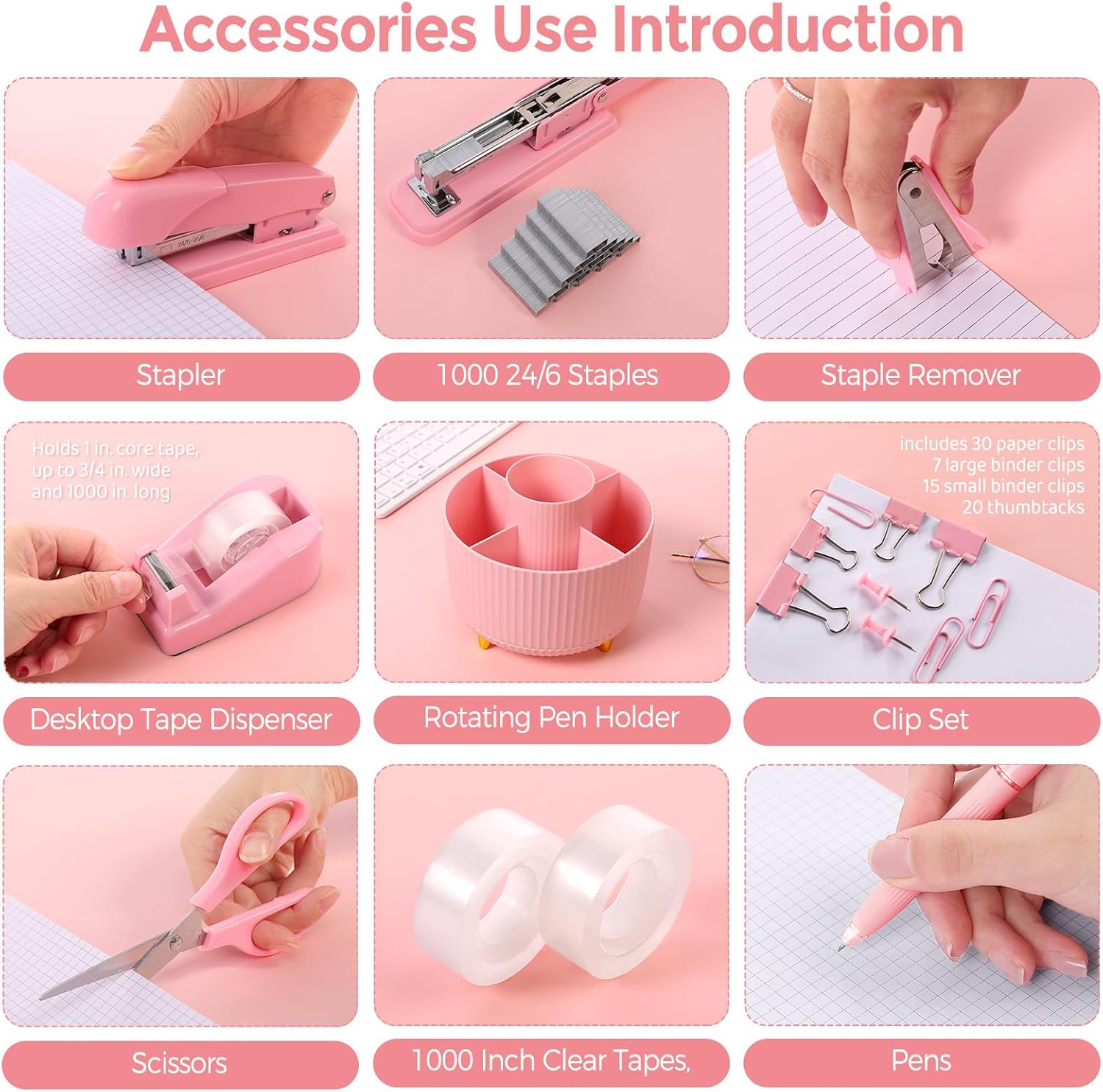 SKYDUE Pink Desk Accessories 10Pcs, Rotating Pen Holder for Desk, Stapler, Staple Remover, Tape Dispenser,2pcs Tape Refills, Binder Paper Clips Kit, Scissor,Pink Office School Supplies