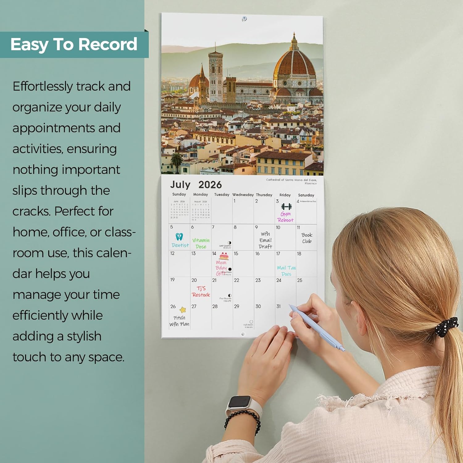 SKYDUE 2026 Wall Calendar 12"x24" Opened, 18-Month Puppy Dog Calendar from January 2026 to June 2027 with Stickers, Thick Paper Monthly Calendar for Home Office Organizing & Planning