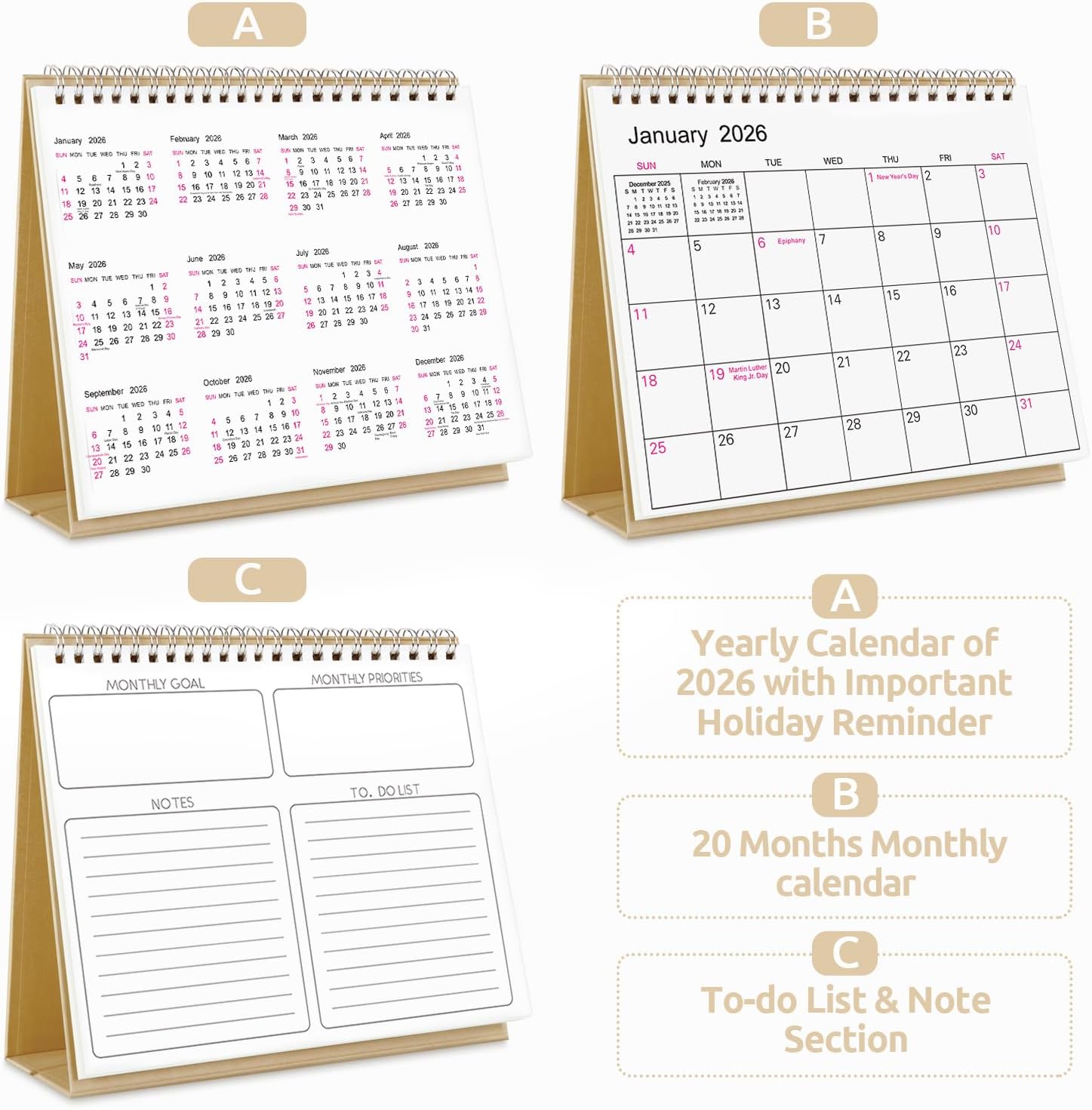 SKYDUE Small Desk Calendar 2026-2027, Apr. 2026 to Dec. 2027, 21 Months Small Desk Calendar with Planner Stickers, 8.5" x 7" Desktop Calendar Planner, Kraft