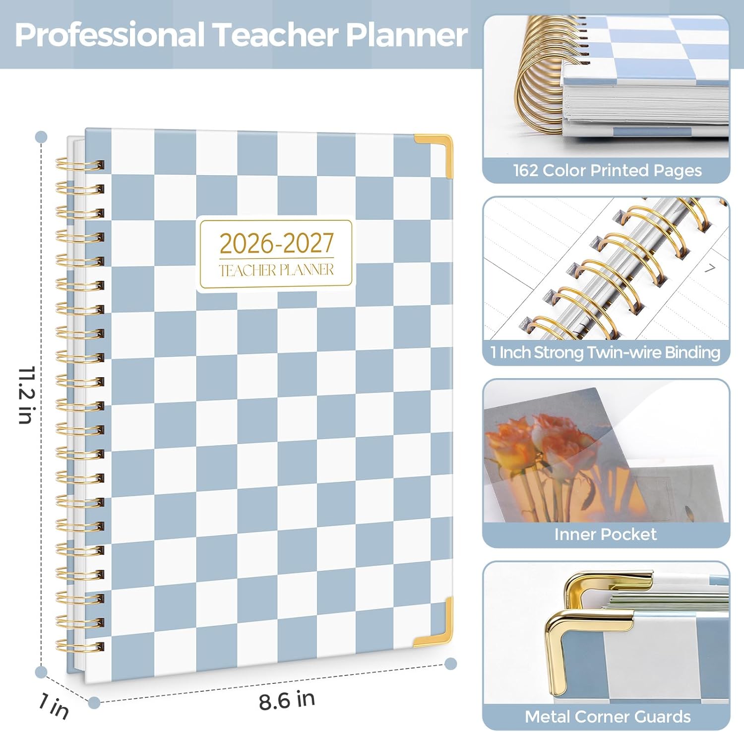 SKYDUE Teacher Planner 2026-2027 Academic Year, 8.5" x 11" Deluxe Teacher Lesson Planner with Monthly Tabs & Stickers, Lesson Plan Book 26-27, Grid