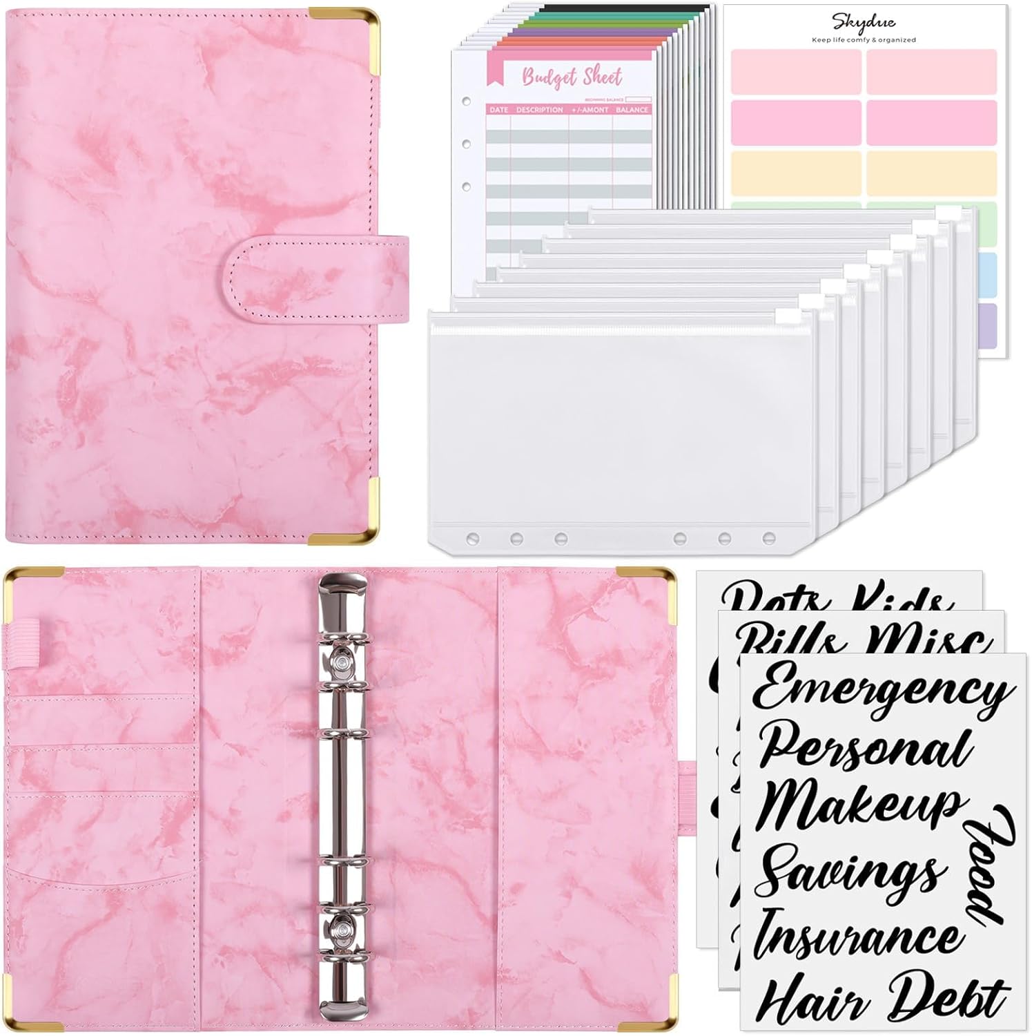 SKYDUE Budget Binder, Money Saving Binder with Zipper Envelopes, Cash Envelopes and Expense Budget Sheets for Budgeting