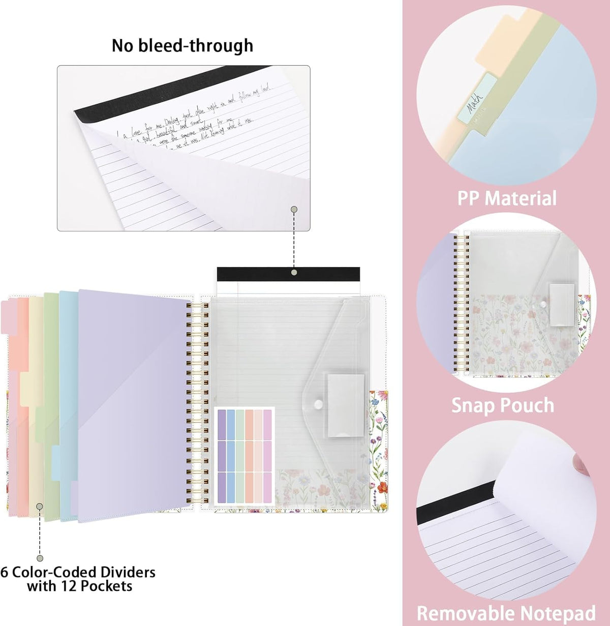 SKYDUE Clipboard Folder with Storage, 6 Dividers with 12 Pockets for Letter Size, Storage Clipboard Folio with Refillable Notepad, Spiral Clipboards Padfolio for Teacher Worker Supplies