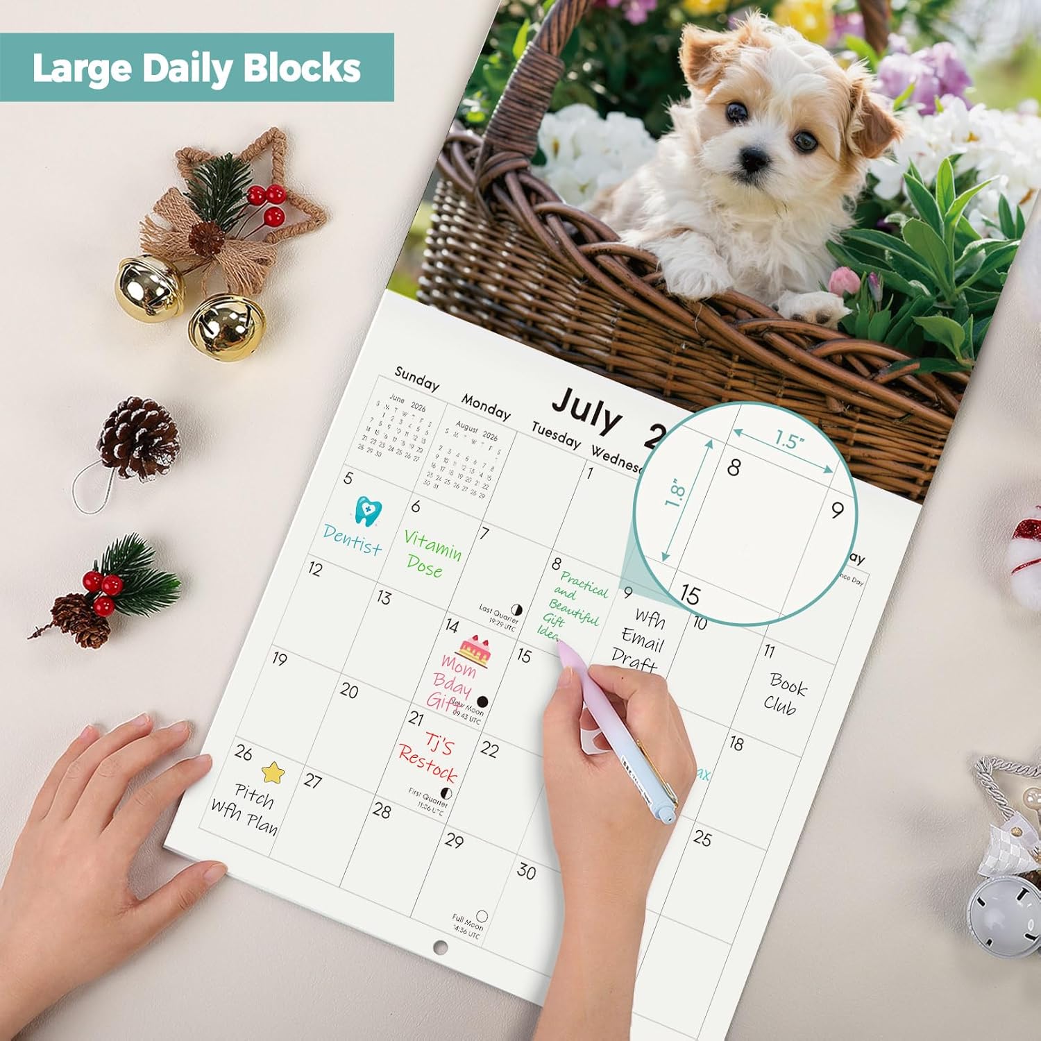 SKYDUE 2026 Wall Calendar 12"x24" Opened, 18-Month Puppy Dog Calendar from January 2026 to June 2027 with Stickers, Thick Paper Monthly Calendar for Home Office Organizing & Planning