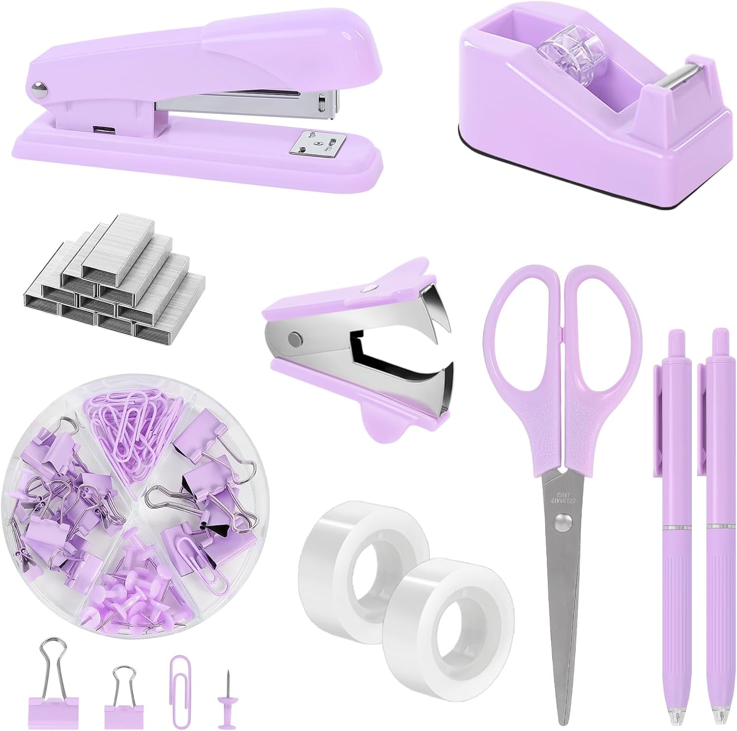 SKYDUE Pink Office Desk Accessories, Pink Office Supplies, Stapler, Tape Dispenser, Scissors, Clips and 1000pcs Staples,Office Supplies for Desk for Women