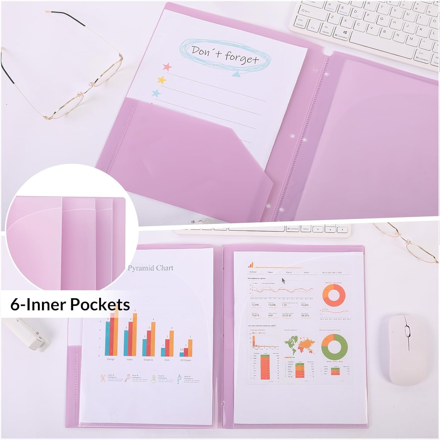Plastic Pocket Folders，2 Pockets and 3 Dividers, Letter Size – Fits 3-Ring Binders – School Folders for Students & Office Use – Pink & Purple