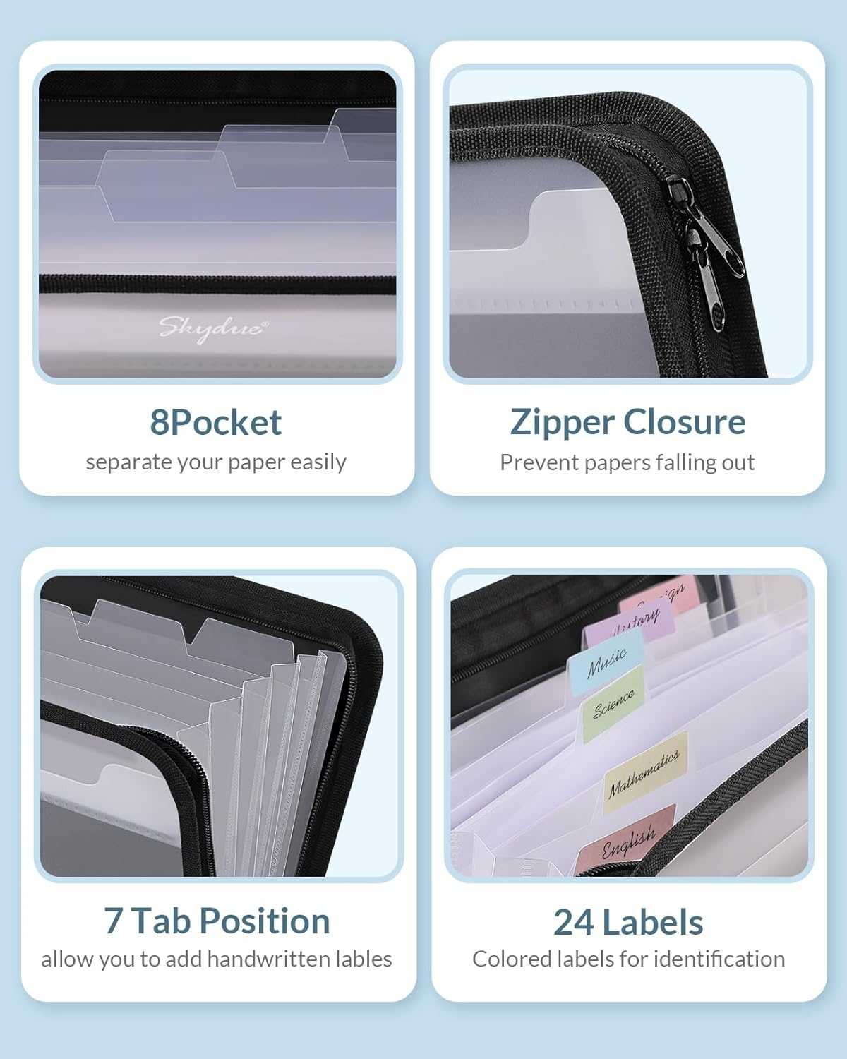 SKYDUE File Folder with 8 Labels, 5 Pockets and 7 Pocket Expanding File Folder with Front Pocket, Letter Size,