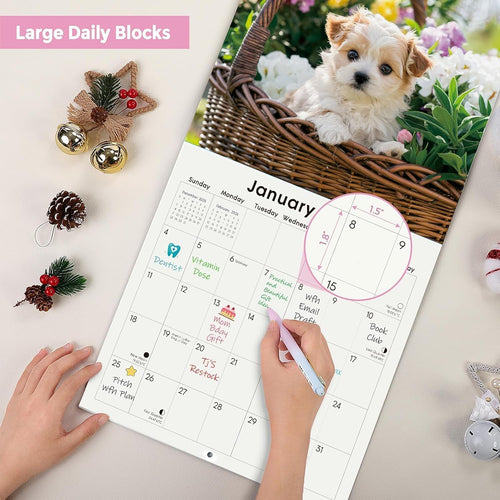 SKYDUE 2026 Wall Calendar 12"x24" Opened, 18-Month Puppy Dog Calendar from January 2026 to June 2027 with Stickers, Thick Paper Monthly Calendar for Home Office Organizing & Planning