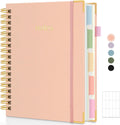 SKYDUE Hardcover Spiral Notebook, 300 Pages 8" x 10" College Ruled Notebook for Work with Dividers & Pockets, 5 Subject Notebook Journals for Women, Double Wire Bound, Tab Stickers Included, Pink
