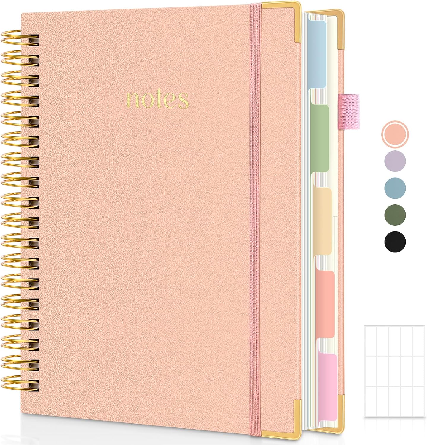 SKYDUE Hardcover Spiral Notebook, 300 Pages 8" x 10" College Ruled Notebook for Work with Dividers & Pockets, 5 Subject Notebook Journals for Women, Double Wire Bound, Tab Stickers Included, Pink