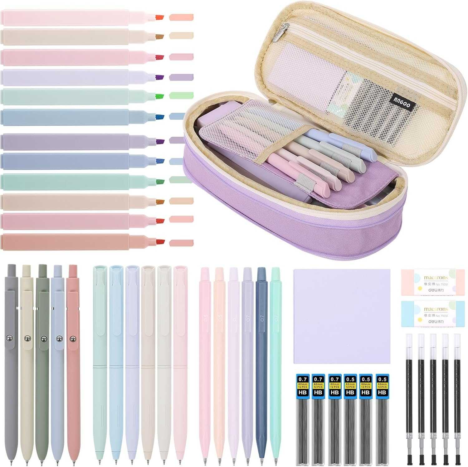 SKYDUE Cute School Supplies 44 PCS, Aesthetic Pencil Case with 12 Pastel Highlighters, 5 Black Gel Pens, 6 Color Gel Pens & Mechanical Pencils, College Essentials Students Stationary Set Pink