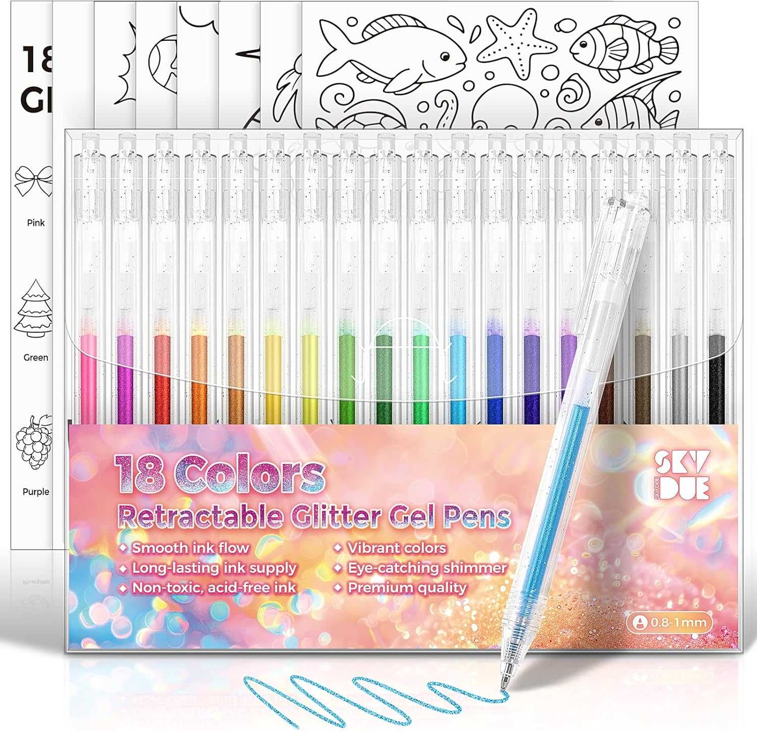 SKYDUE 18 Color Glitter Gel Pens, Retractable Sparkle Glitter Pens for Coloring Books, Adult, Kids, Art Creators