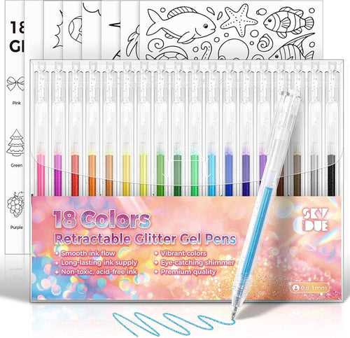 SKYDUE 18 Color Glitter Gel Pens, Retractable Sparkle Glitter Pens for Coloring Books, Adult, Kids, Art Creators