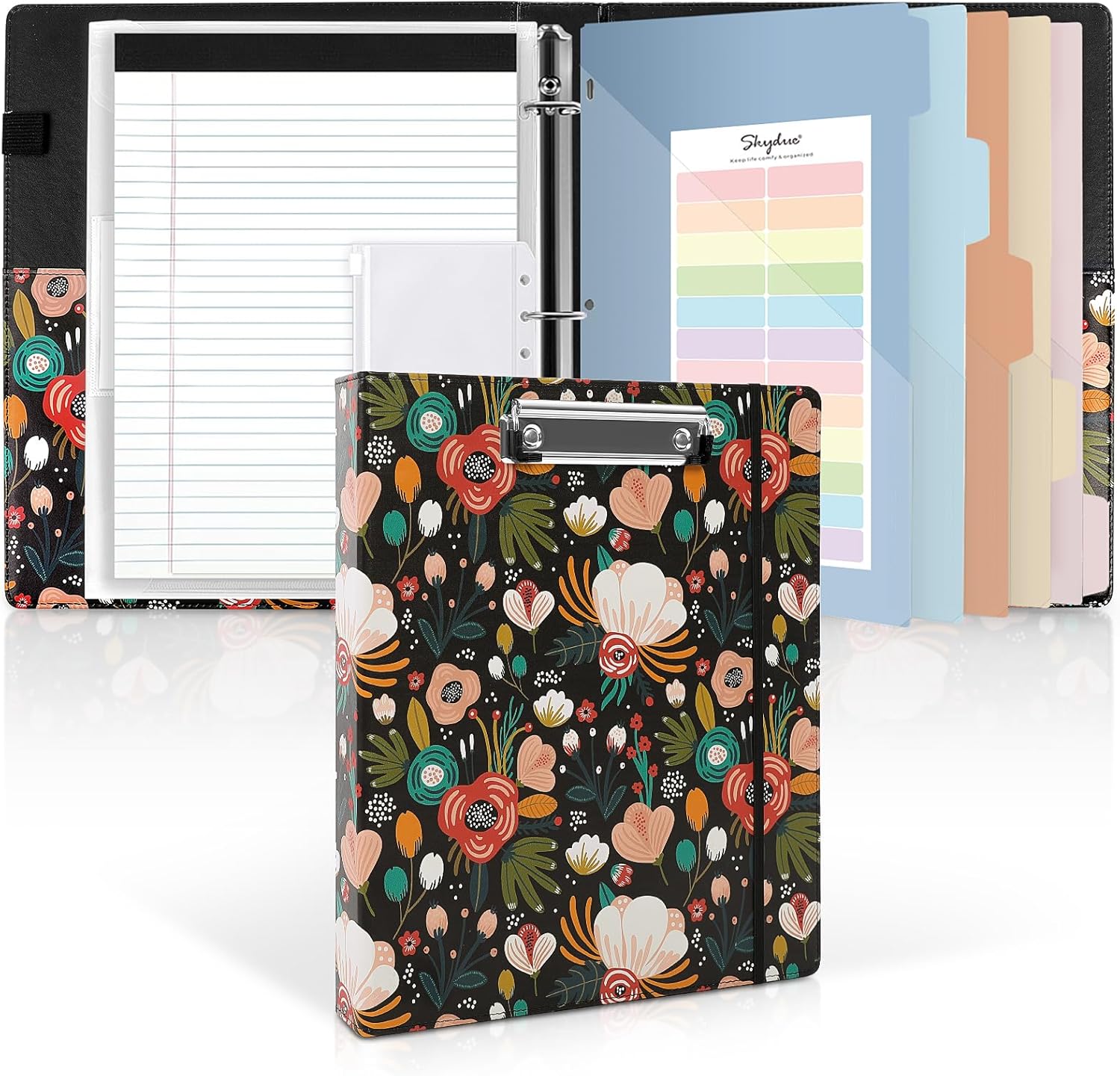SKYDUE 1 Inch 3-Ring Binder with Clipboard, PU Aesthetic Binder with 5 Dividers, Notepad, Stickers & Pockets for Work and School (Letter Size)