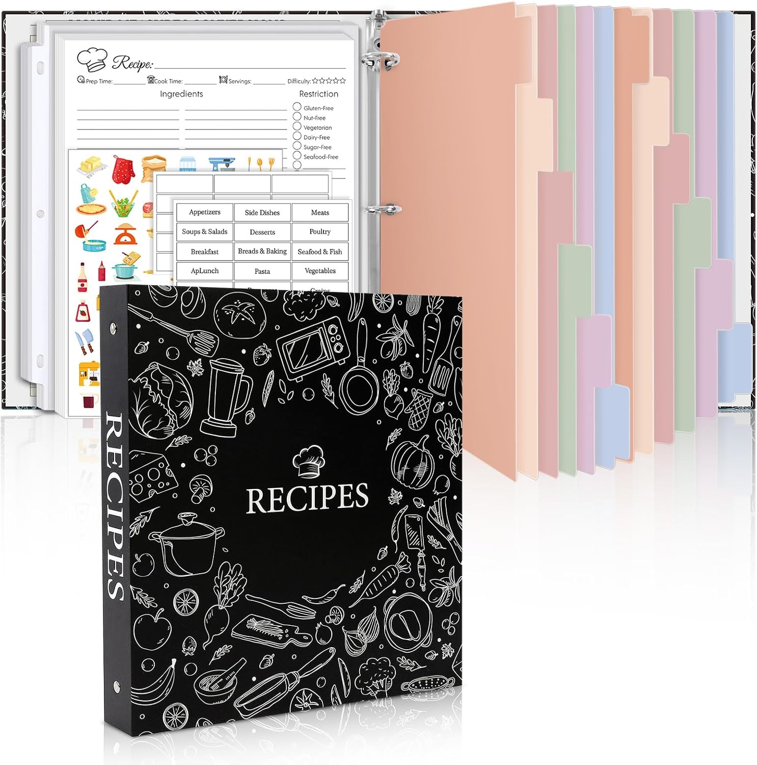 Recipe Binder 8.5x11 3 Ring, 1" Round Rings, Recipe Book to Write in Your own Recipes, Recipe Binder with 60 Plastic Sleeves, 12 Dividers, 60 Blank Recipe Cards, Family Recipe Organizer
