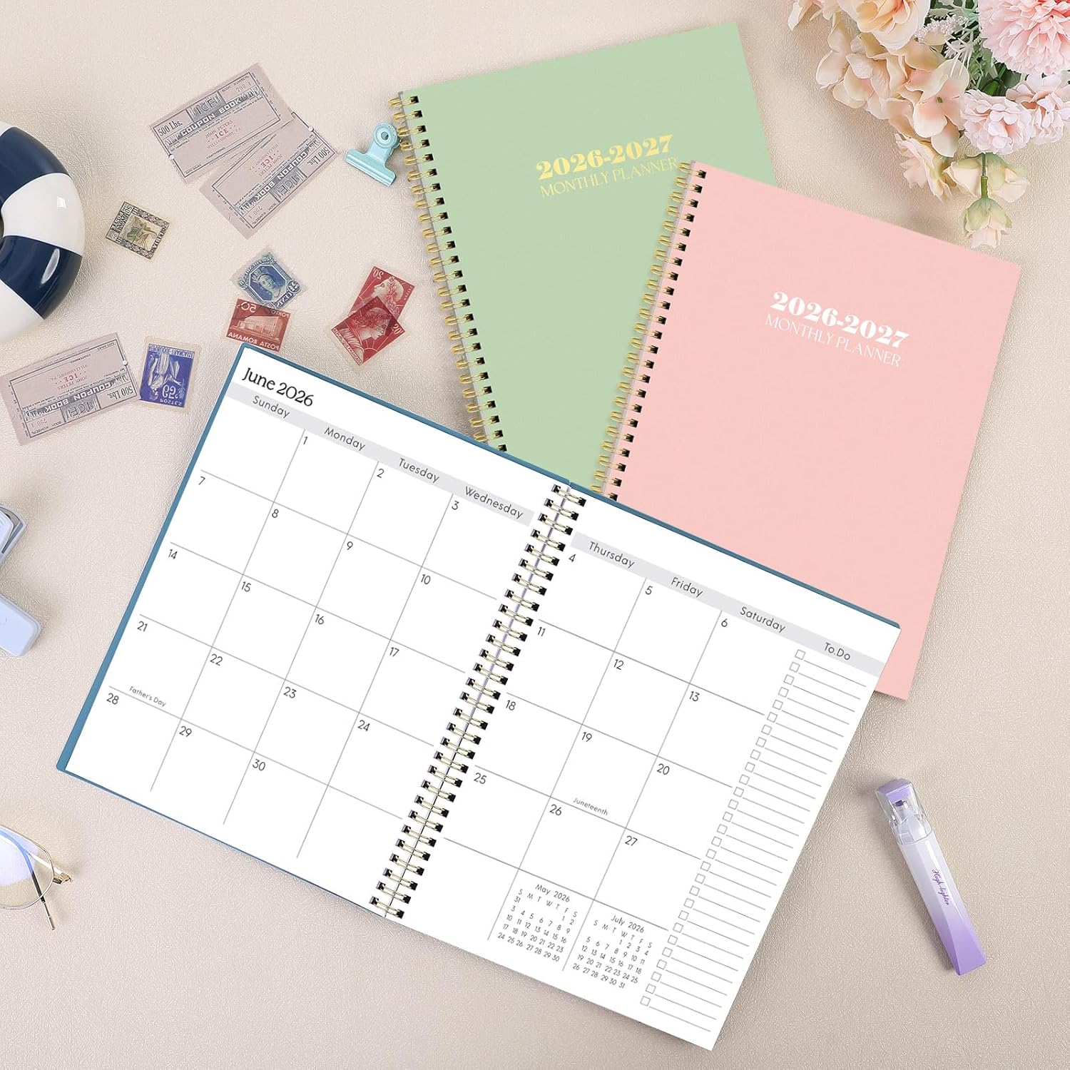 SKYDUE Monthly Planner 2026-2027, 24 Months Calendar Planner 2026-2027, 7.5" x 10" B5 Planner, Twin-wire Spiral Bound, Durable Waterproof Cover, Thick No-Bleed Paper, Floral