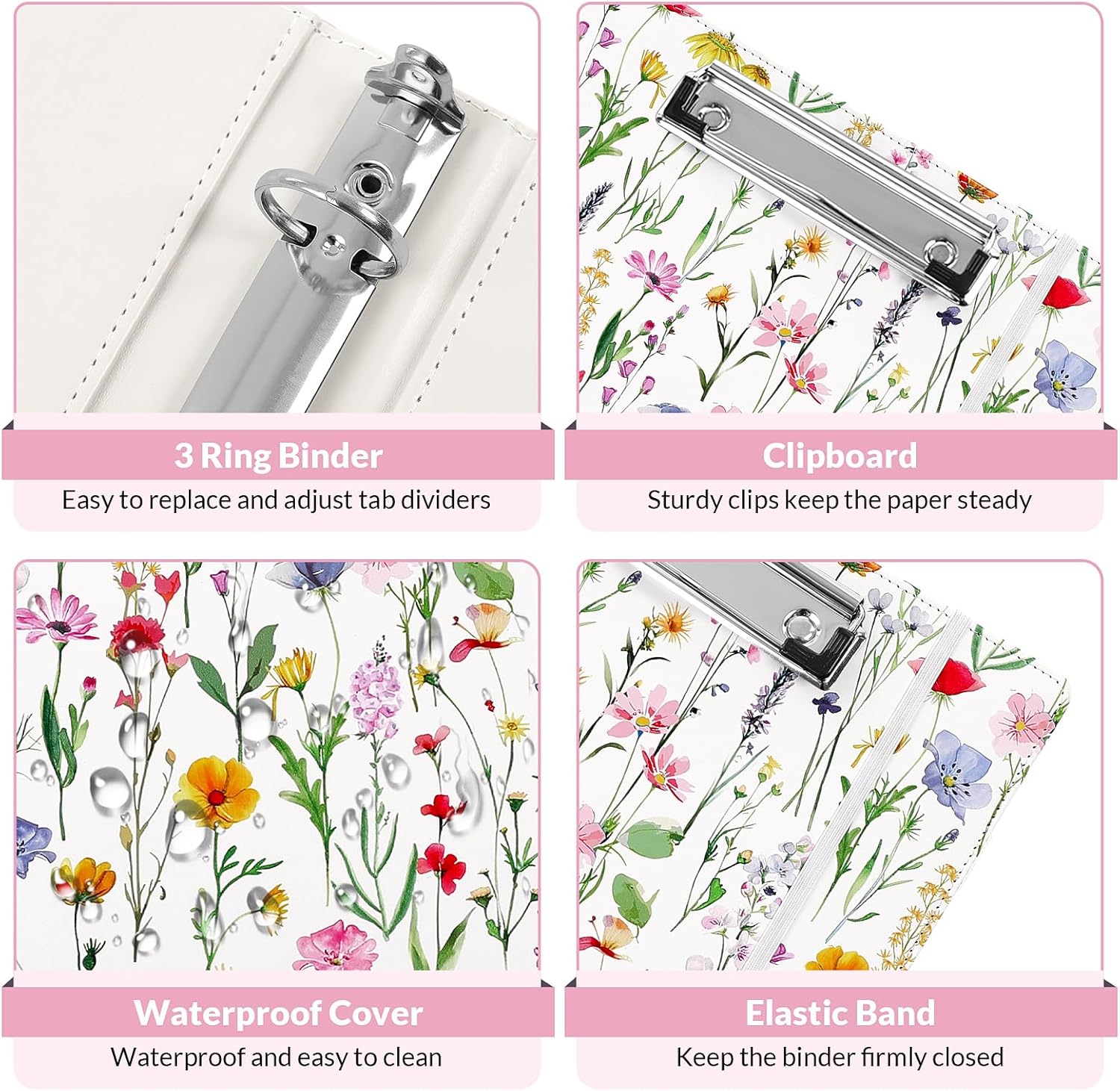 SKYDUE 1 Inch 3-Ring Binder with Clipboard, PU Aesthetic Binder with 5 Dividers, Notepad, Stickers & Pockets for Work and School (Letter Size)