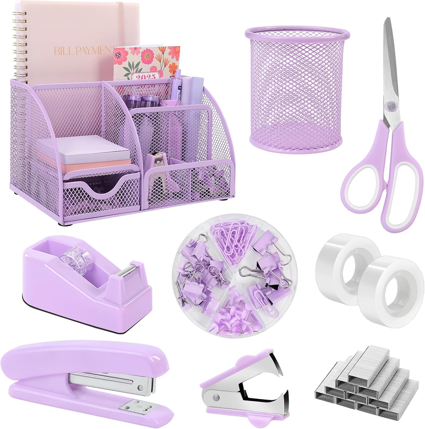 SKYDUE Pink Desk Accessories, Pink Office Supplies Set, Mesh Desk Organizer, Stapler, Tape Dispenser, Scissors, Binder/Paper Clips and 1000pcs Staples,Desk Organizer for Women