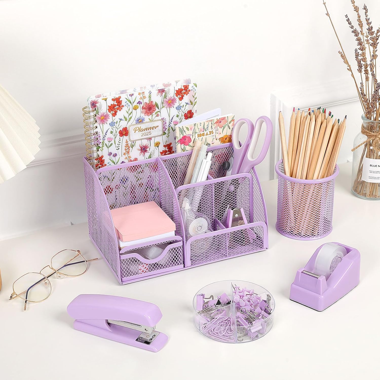 SKYDUE Pink Desk Accessories, Pink Office Supplies Set, Mesh Desk Organizer, Stapler, Tape Dispenser, Scissors, Binder/Paper Clips and 1000pcs Staples,Desk Organizer for Women