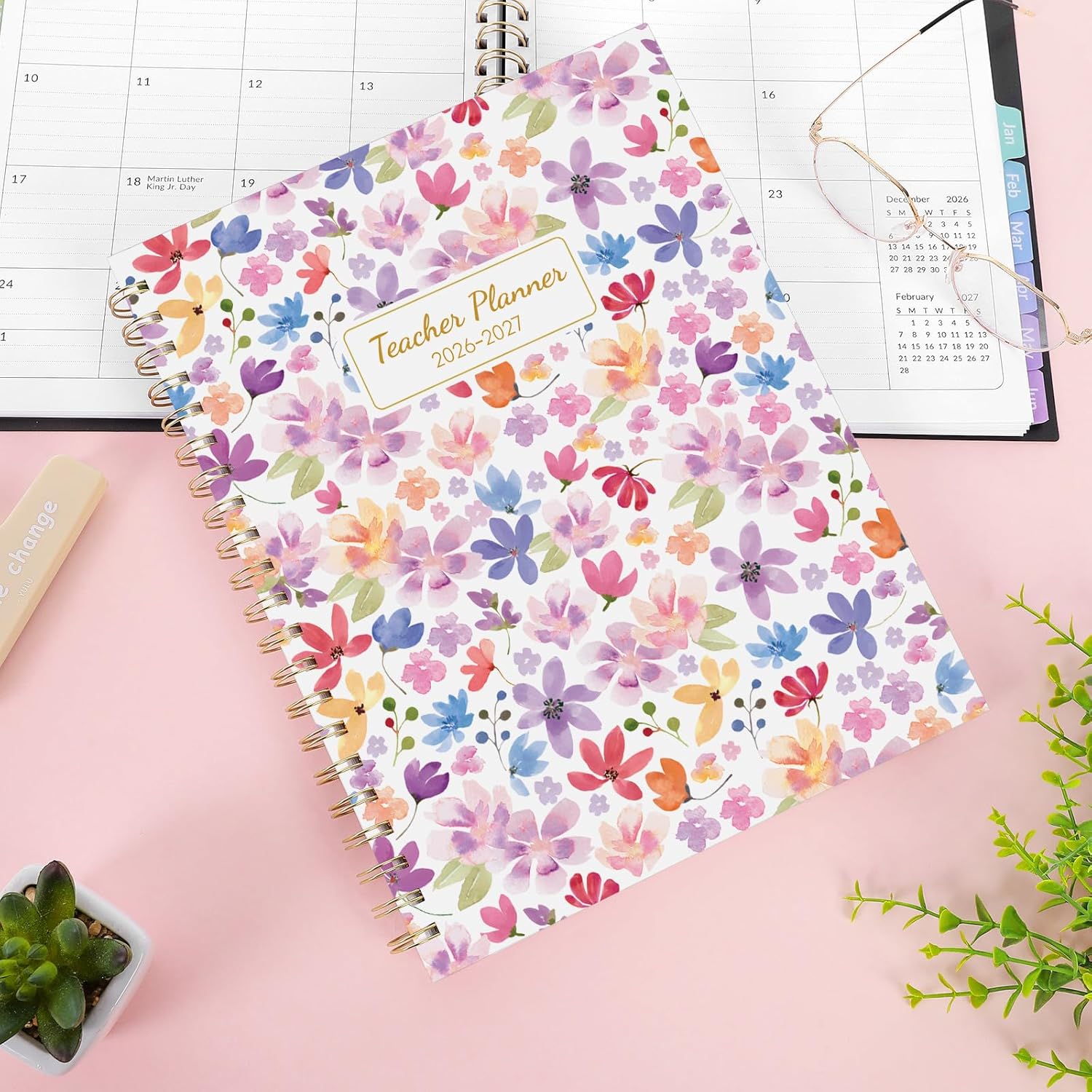 SKYDUE Teacher Planner 2026-2027 Academic Year, 8.5" x 11" Teacher Lesson Planner with Monthly Tabs & Stickers, Lesson Plan Book 26-27, Floral