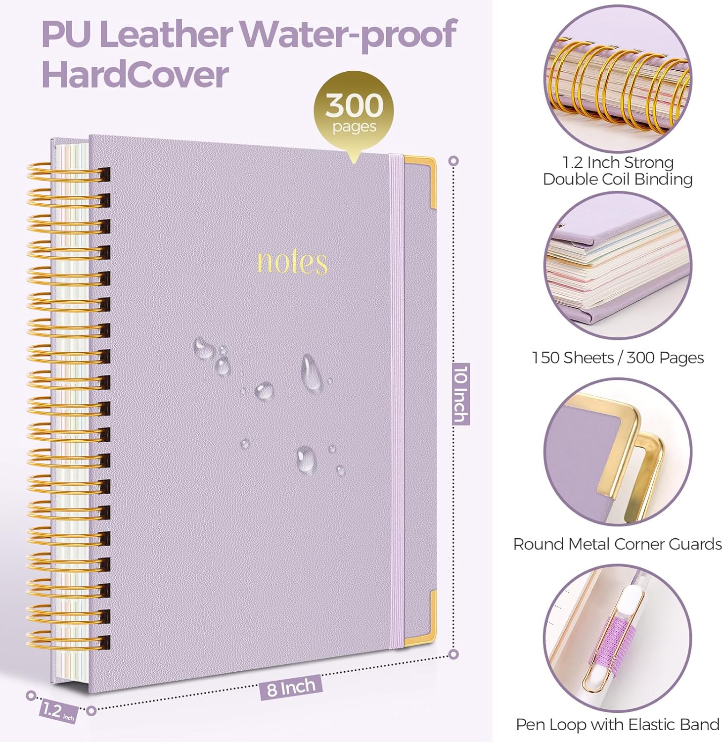 SKYDUE Hardcover Spiral Notebook, 300 Pages 8" x 10" College Ruled Notebook for Work with Dividers & Pockets, 5 Subject Notebook Journals for Women, Double Wire Bound, Tab Stickers Included, Pink