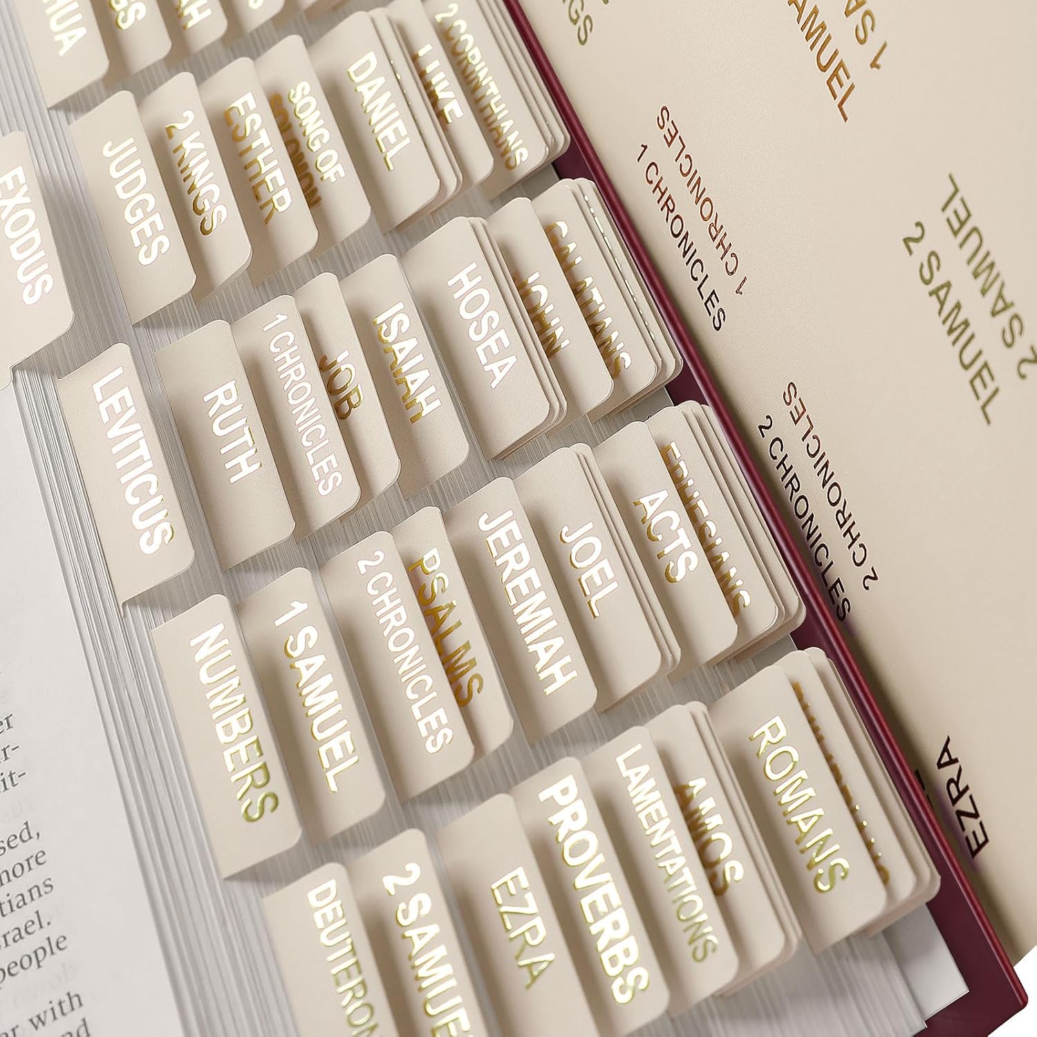 Laminated Bible Tabs for Women, 100 Tabs, Bible Book Tabs for Study Bible, Large Print Bible Chapter Tabs(Gold Foil Embossed Lettering), Bible Study Supplies, Cream Bible Labels Tabs