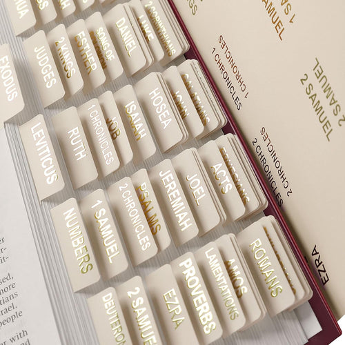 Laminated Bible Tabs for Women, 100 Tabs, Bible Book Tabs for Study Bible, Large Print Bible Chapter Tabs(Gold Foil Embossed Lettering), Bible Study Supplies, Cream Bible Labels Tabs