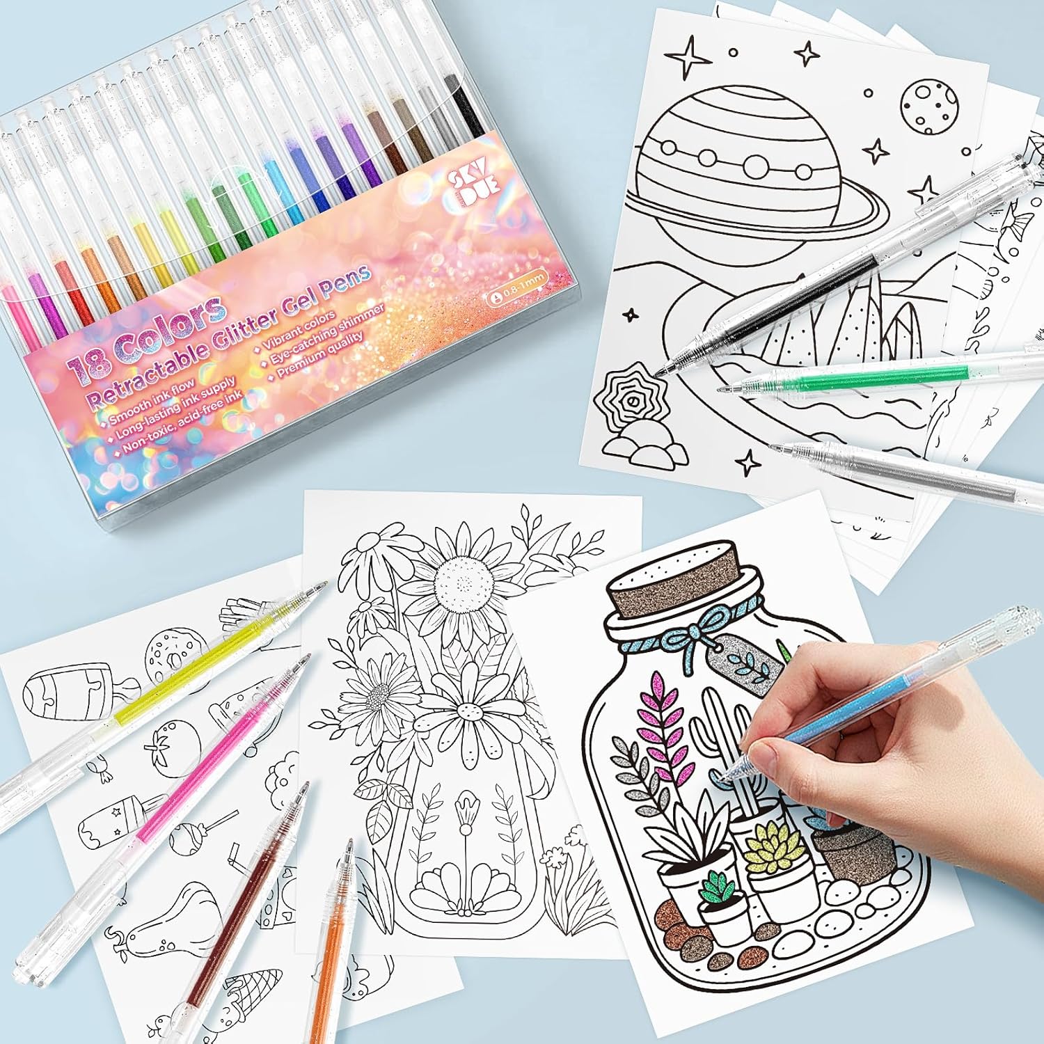 SKYDUE Glitter Gel Pens Set, 18 Colors Retractable Sparkle Glitter Pens for Coloring Books, Drawing, Journaling, Scrapbooking & DIY Crafts – Smooth Writing & Non-Toxic Art Pens