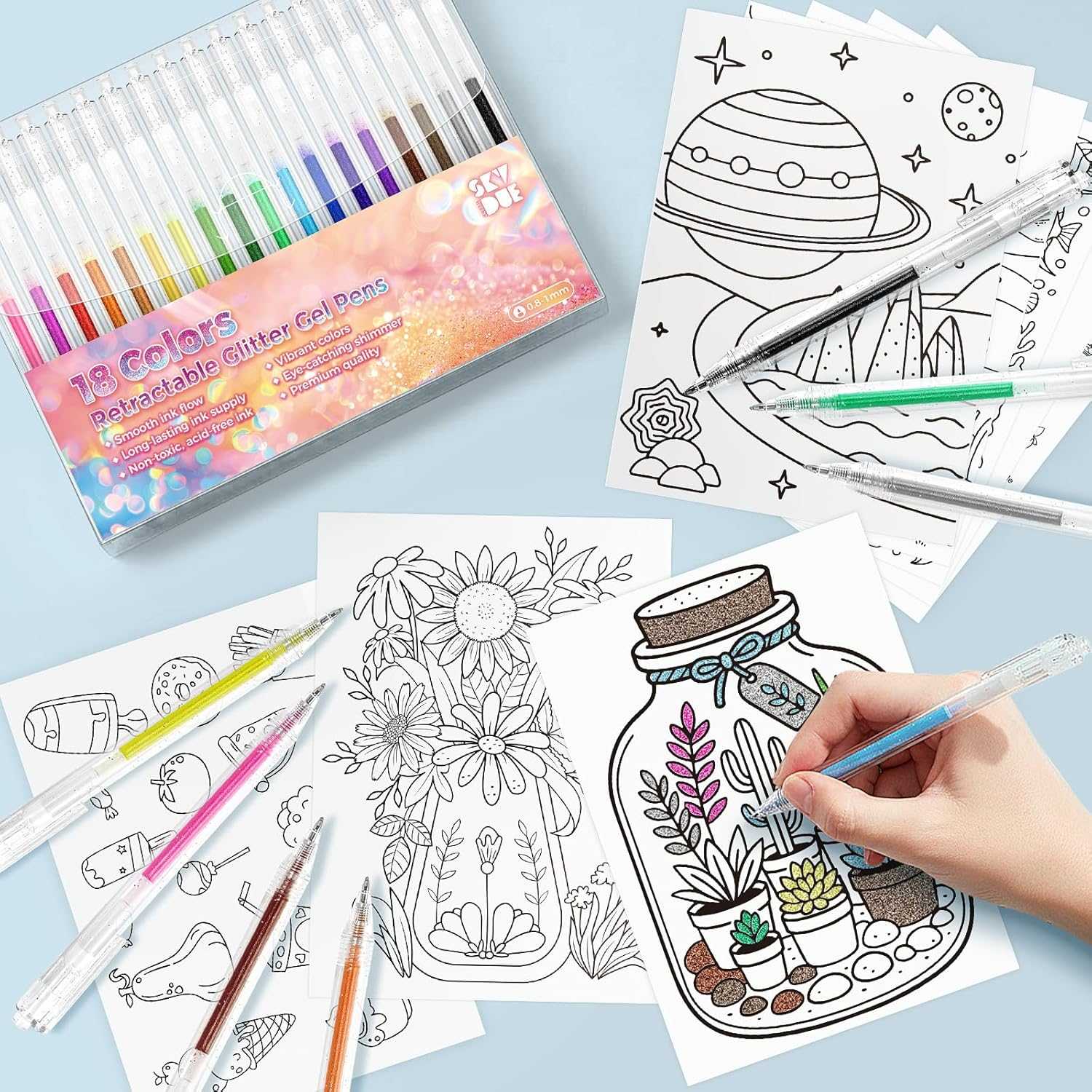 SKYDUE 18 Color Glitter Gel Pens, Retractable Sparkle Glitter Pens for Coloring Books, Adult, Kids, Art Creators