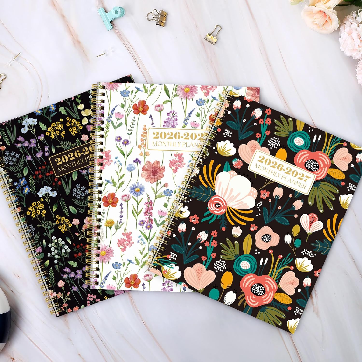 SKYDUE Monthly Planner 2026-2027, 24 Months Calendar Planner 2026-2027, 7.5" x 10" B5 Planner, Twin-wire Spiral Bound, Durable Waterproof Cover, Thick No-Bleed Paper, Floral