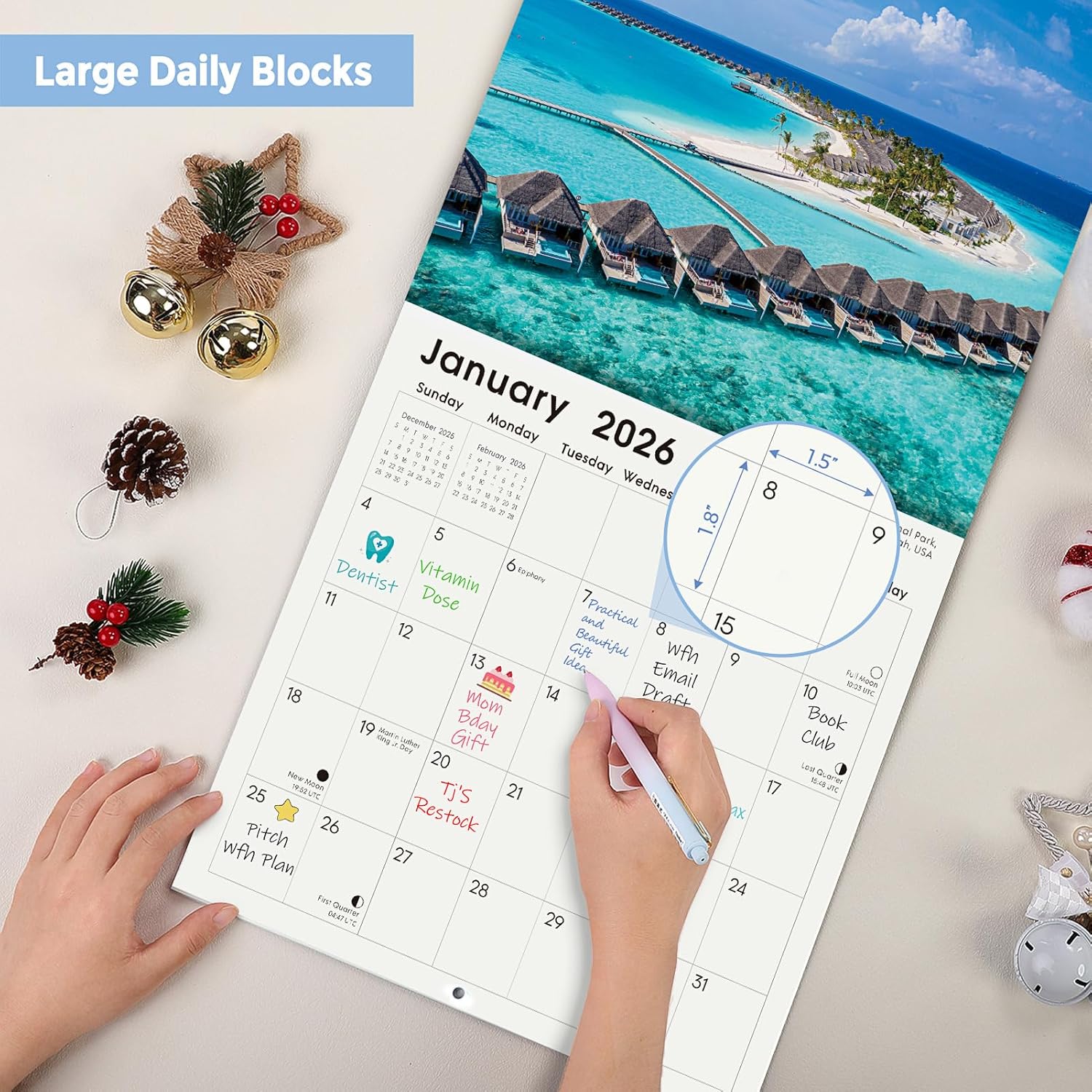 SKYDUE 2026 Wall Calendar 12"x24" Opened, 18-Month Puppy Dog Calendar from January 2026 to June 2027 with Stickers, Thick Paper Monthly Calendar for Home Office Organizing & Planning